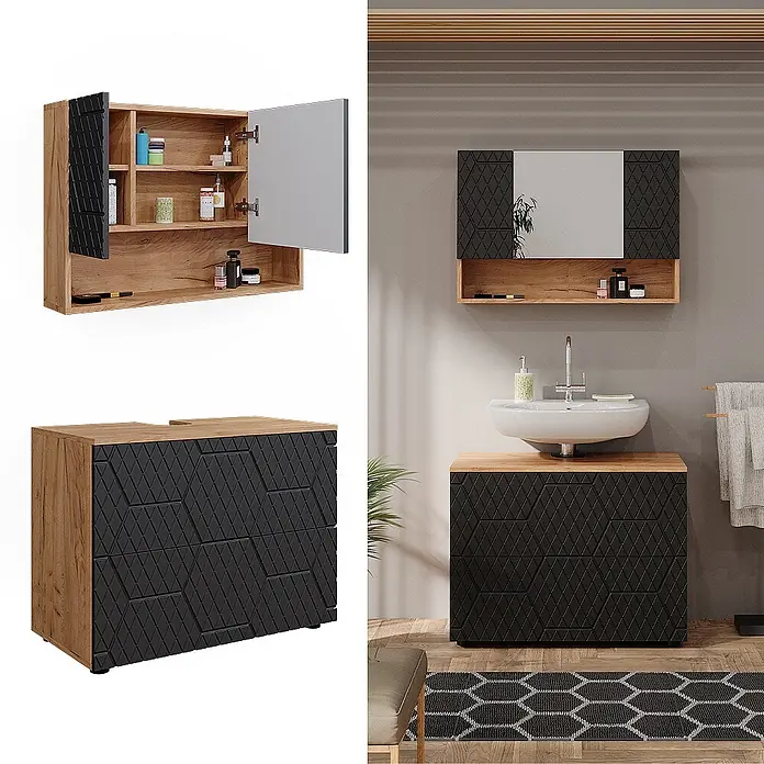 Vicco Badmöbel-Set Irma Anthrazit mit Wabenstruktur 2 Teile, Unterschrank 80 cm - Gesamtbreite Badmöbel: 80 cm, Anthrazit mit Wabenstruktur, Matt - Modernes Badmöbel-Set mit Holzoptik-Schrank und schwarzen strukturierten Fronten für Spiegel- und Waschbeckenunterschrank.