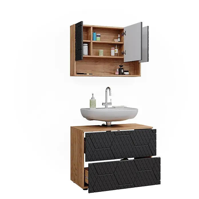 Vicco Badmöbel-Set Irma Anthrazit mit Wabenstruktur 2 Teile, Unterschrank 80 cm - Gesamtbreite Badmöbel: 80 cm, Anthrazit mit Wabenstruktur, Matt - Badezimmermöbel-Set mit Holzoptik-Unterschrank, dunkelgrauen geometrischen Schubladen, weißem Waschbecken und passendem Spiegelschrank.