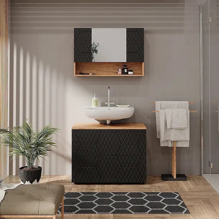 Vicco Badmöbel-Set Irma Anthrazit mit Wabenstruktur 2 Teile, Unterschrank 80 cm - Gesamtbreite Badmöbel: 80 cm, Anthrazit mit Wabenstruktur, Matt - Schwarzer Waschtischunterschrank mit geometrischem Muster und Holzplatte, passendem Spiegelschrank, im modernen Bad.