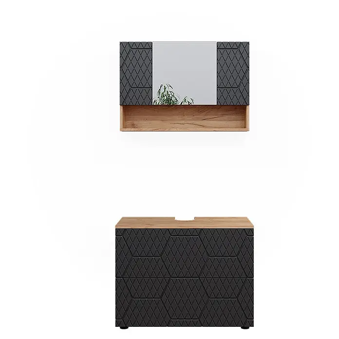 Vicco Badmöbel-Set Irma Anthrazit mit Wabenstruktur 2 Teile, Unterschrank 80 cm - Gesamtbreite Badmöbel: 80 cm, Anthrazit mit Wabenstruktur, Matt - Zweiteiliges Badezimmermöbel-Set mit dunkelgrauen Rautenmusterfronten und Holzdetails, bestehend aus Spiegelschrank und Unterschrank.