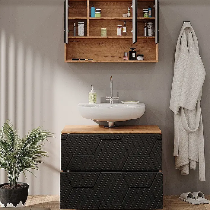 Vicco Badmöbel-Set Irma Anthrazit mit Wabenstruktur 2 Teile, Unterschrank 80 cm - Gesamtbreite Badmöbel: 80 cm, Anthrazit mit Wabenstruktur, Matt - Moderner schwarzer Waschtisch mit strukturierten geometrischen Schubladen, einer Holzplatte und einem weißen Waschbecken.