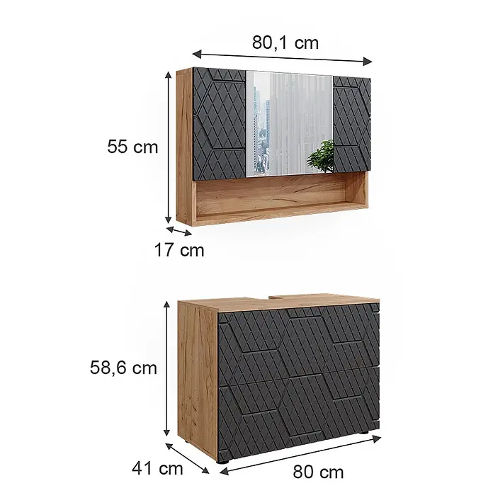 Vicco Badmöbel-Set Irma Anthrazit mit Wabenstruktur 2 Teile, Unterschrank 80 cm - Gesamtbreite Badmöbel: 80 cm, Anthrazit mit Wabenstruktur, Matt - Modernes, helles Holz und dunkelgrau gemustertes Spiegelschrank-Set mit Unterschrank.