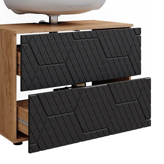 Vicco Badmöbel-Set Irma Anthrazit mit Wabenstruktur 2 Teile, Unterschrank 80 cm - Gesamtbreite Badmöbel: 80 cm, Anthrazit mit Wabenstruktur, Matt - Badezimmermöbel aus hellem Holz mit zwei teilweise geöffneten schwarzen strukturierten Schubladen und weißem Waschbecken.