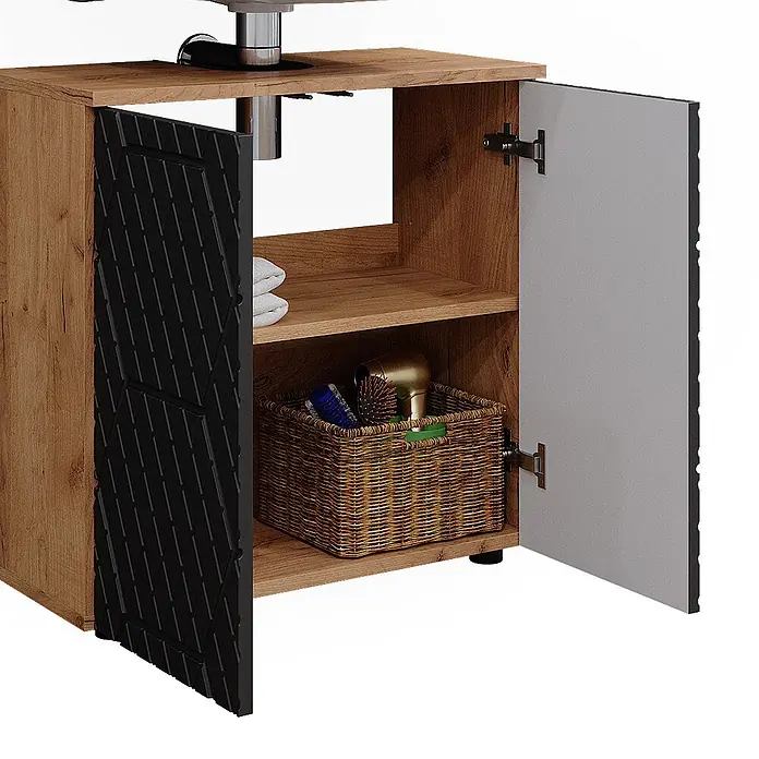 Vicco Badmöbel-Set Irma Anthrazit mit Wabenstruktur 3 Teile, mit Hochschrank - Gesamtbreite Badmöbel: 90 cm, Anthrazit mit Wabenstruktur, Matt - Hölzerner Friseurschrank mit offenen Türen, eine schwarz strukturiert, eine grau, zeigt Fächer mit Föhn, Bürsten und Handtüchern.