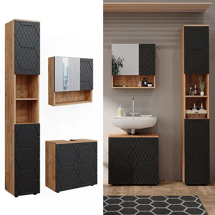 Vicco Badmöbel-Set Irma Anthrazit mit Wabenstruktur 3 Teile, mit Hochschrank - Gesamtbreite Badmöbel: 90 cm, Anthrazit mit Wabenstruktur, Matt - Modernes Badmöbelset: Hochschrank, Spiegelschrank und Waschtischunterschrank in heller Holzoptik mit schwarzen Rauten-Türen.