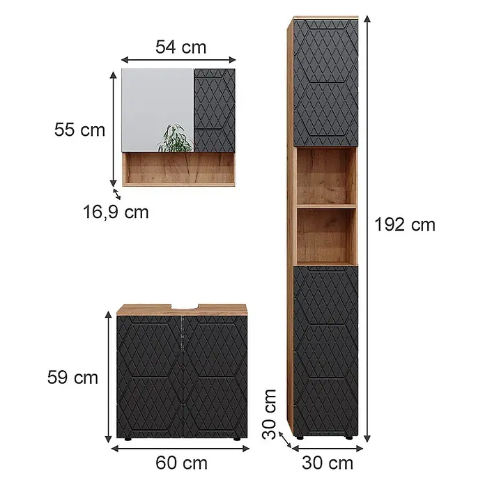 Vicco Badmöbel-Set Irma Anthrazit mit Wabenstruktur 3 Teile, mit Hochschrank - Gesamtbreite Badmöbel: 90 cm, Anthrazit mit Wabenstruktur, Matt - Set aus dunkelgrauen und hellen Holz-Badezimmermöbeln: Spiegelschrank, Waschtischunterschrank und Hochschrank.