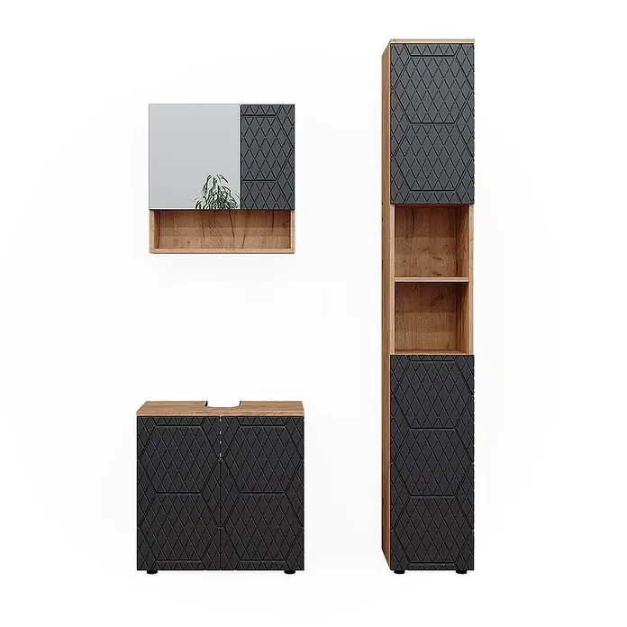 Vicco Badmöbel-Set Irma Anthrazit mit Wabenstruktur 3 Teile, mit Hochschrank - Gesamtbreite Badmöbel: 90 cm, Anthrazit mit Wabenstruktur, Matt - Dreiteiliges Badmöbel-Set in hellem Holz und Dunkelgrau mit rautenförmig gemusterten Fronten.