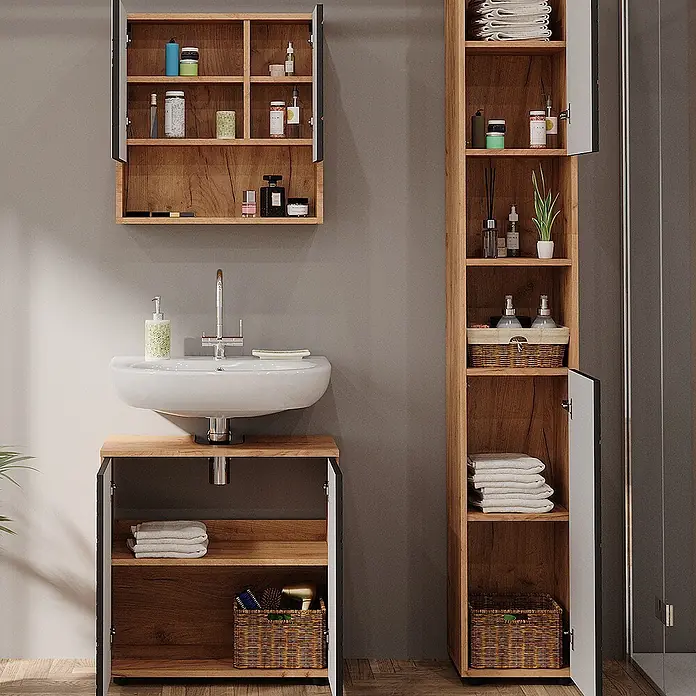 Vicco Badmöbel-Set Irma Anthrazit mit Wabenstruktur 3 Teile, mit Hochschrank - Gesamtbreite Badmöbel: 90 cm, Anthrazit mit Wabenstruktur, Matt - Badezimmerset aus Holz mit Waschbecken, Wandschrank und hohem Stauraum, ideal für Toilettenartikel und Handtücher.