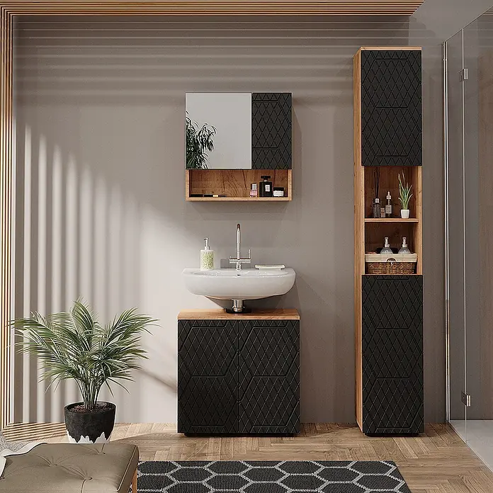 Vicco Badmöbel-Set Irma Anthrazit mit Wabenstruktur 3 Teile, mit Hochschrank - Gesamtbreite Badmöbel: 90 cm, Anthrazit mit Wabenstruktur, Matt - Schwarze und holzfarbene Badmöbelgarnitur mit geometrischem Muster: Waschtisch, Spiegelschrank, Hochschrank.