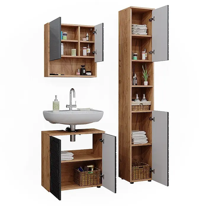 Vicco Badmöbel-Set Irma Anthrazit mit Wabenstruktur 3 Teile, mit Hochschrank - Gesamtbreite Badmöbel: 90 cm, Anthrazit mit Wabenstruktur, Matt - Badezimmermöbel-Set aus Holz mit heller Holzmaserung, grauen Türen und integriertem Waschbecken.