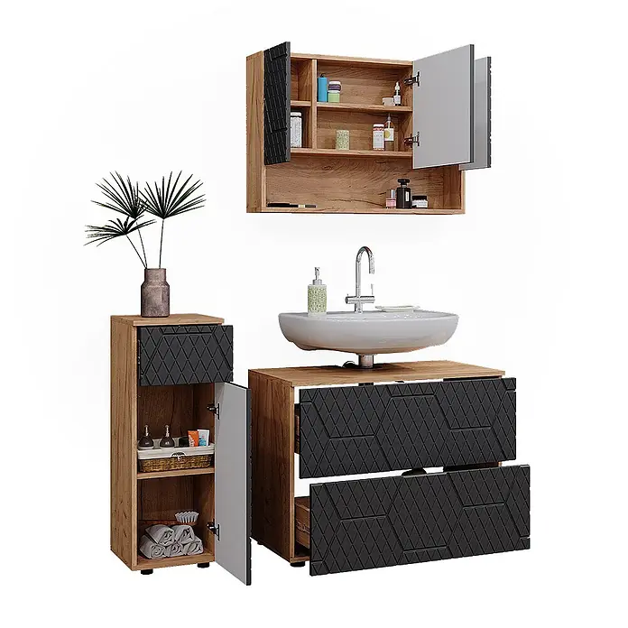 Vicco Badmöbel-Set Irma Anthrazit 3 Teile, mit Schubladenschrank und Midischrank - Gesamtbreite Badmöbel: 110 cm, Anthrazit mit Wabenstruktur, Matt - Holzoptik-Badmöbel-Set mit dunklen strukturierten Fronten, weißem Waschbecken, Beistellschrank und Spiegelschrank.