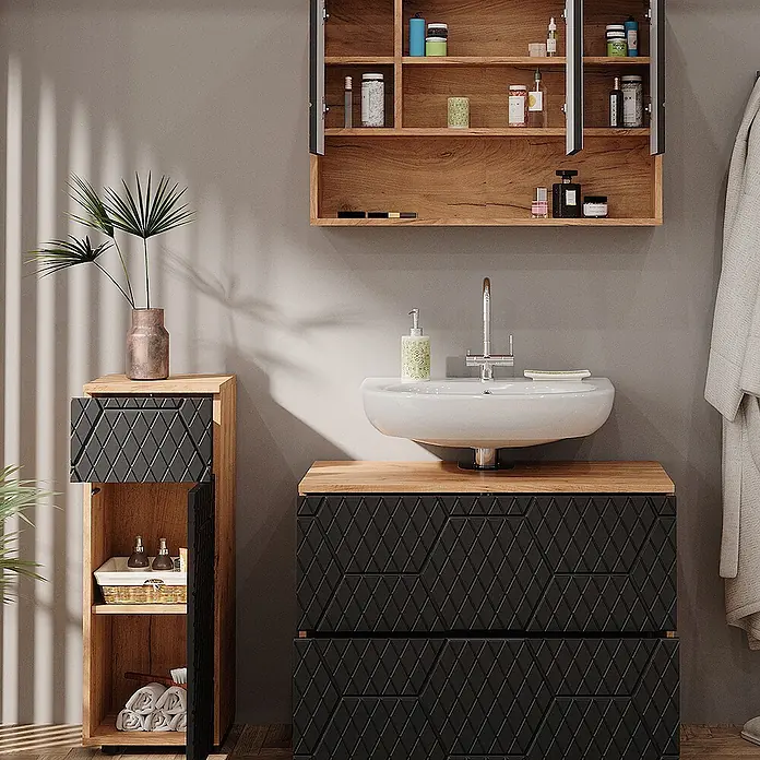 Vicco Badmöbel-Set Irma Anthrazit 3 Teile, mit Schubladenschrank und Midischrank - Gesamtbreite Badmöbel: 110 cm, Anthrazit mit Wabenstruktur, Matt - Modernes Badmöbel-Set mit Waschbecken, Wandschrank und Hochschrank, mit Holzplatten und schwarzen Rautenmusterfronten.