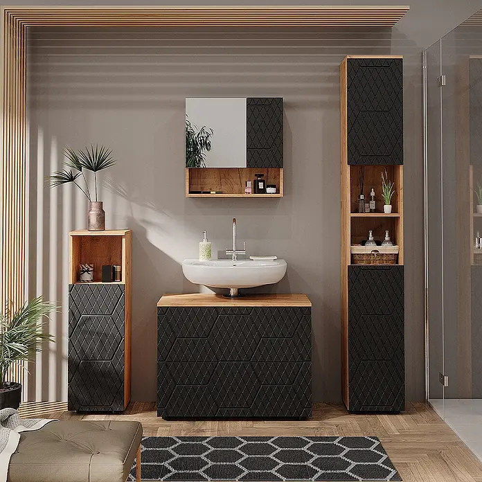 Vicco Badmöbel-Set Irma Anthrazit 4 Teile, mit Schubladenschrank und Hochschrank - Gesamtbreite Badmöbel: 140 cm, Anthrazit mit Wabenstruktur, Matt - Modernes Badmöbel-Set mit schwarzen Rautenfronten, hellen Holzdetails und weißem Waschbecken, in einem stilvollen Badezimmer.