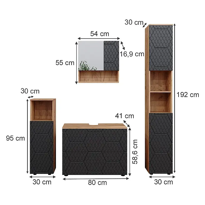 Vicco Badmöbel-Set Irma Anthrazit 4 Teile, mit Schubladenschrank und Hochschrank - Gesamtbreite Badmöbel: 140 cm, Anthrazit mit Wabenstruktur, Matt - Badmöbel-Set aus hellem Holz und dunkelgrau mit Rautenmuster, inkl. Spiegelschrank, Waschtisch und Hochschränken.