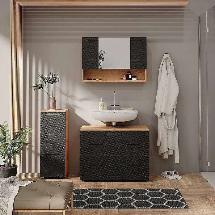 Vicco Badmöbel-Set Irma Anthrazit 3 Teile, mit Schubladenschrank und Midischrank - Gesamtbreite Badmöbel: 110 cm, Anthrazit mit Wabenstruktur, Matt - Modernes Badmöbelset mit schwarzen geometrischen Fronten und Naturholz-Akzenten, bestehend aus Waschtisch, Hochschrank und Spiegelschrank.