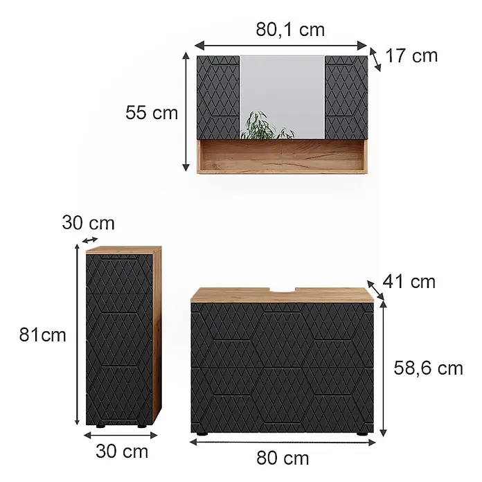 Vicco Badmöbel-Set Irma Anthrazit 3 Teile, mit Schubladenschrank und Midischrank - Gesamtbreite Badmöbel: 110 cm, Anthrazit mit Wabenstruktur, Matt - Schwarzes und Holz Badmöbel-Set mit geometrisch gemusterten Fronten: Spiegelschrank, Hochschrank, Waschtischunterschrank.