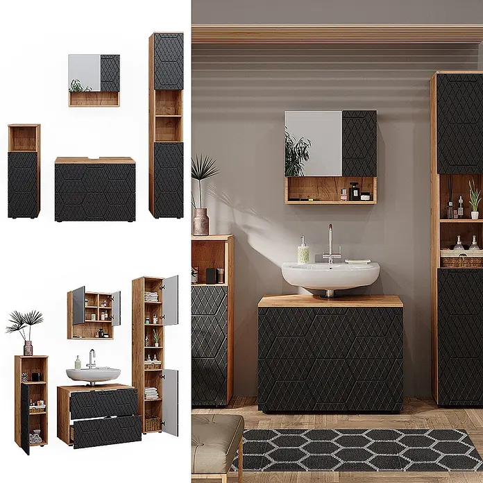 Vicco Badmöbel-Set Irma Anthrazit 4 Teile, mit Schubladenschrank und Hochschrank - Gesamtbreite Badmöbel: 140 cm, Anthrazit mit Wabenstruktur, Matt - Modernes Badmöbel-Set: dunkelgraue Rautenfronten, helle Holzrahmen. Mit Waschtischunterschrank, Hochschrank und Spiegelschrank.