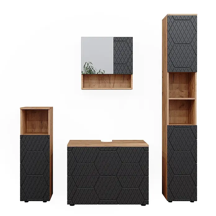 Vicco Badmöbel-Set Irma Anthrazit 4 Teile, mit Schubladenschrank und Hochschrank - Gesamtbreite Badmöbel: 140 cm, Anthrazit mit Wabenstruktur, Matt - Modernes Badmöbel-Set mit Holzoptik und dunkelgrauen Fronten im Rautenmuster, inklusive Waschtisch-, Hoch- und Spiegelschrank.