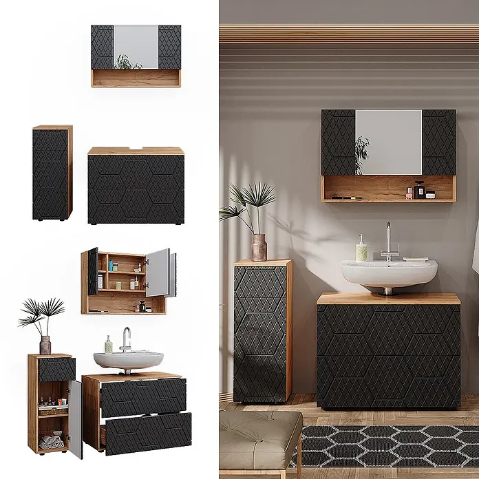 Vicco Badmöbel-Set Irma Anthrazit 3 Teile, mit Schubladenschrank und Midischrank - Gesamtbreite Badmöbel: 110 cm, Anthrazit mit Wabenstruktur, Matt - Modernes Badmöbel-Set: Waschtisch mit Waschbecken, Hochschrank und Spiegelschrank, schwarz mit Rautenmuster und hellen Holzdetails, im Bad.