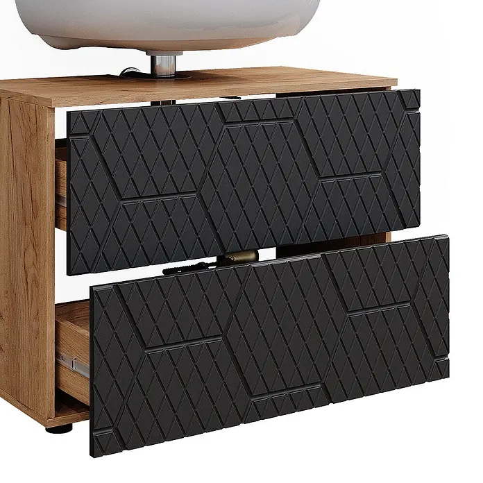Vicco Badmöbel-Set Irma Anthrazit 4 Teile, mit Schubladenschrank und Hochschrank - Gesamtbreite Badmöbel: 140 cm, Anthrazit mit Wabenstruktur, Matt - Hölzerner Waschtischunterschrank mit schwarzen, strukturierten, teils geöffneten Schubladen und weißem Waschbecken.