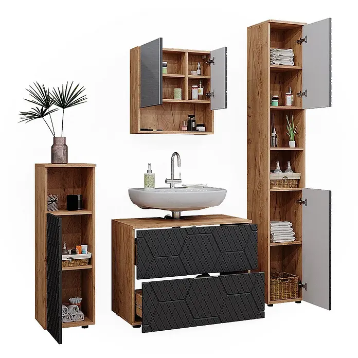 Vicco Badmöbel-Set Irma Anthrazit 4 Teile, mit Schubladenschrank und Hochschrank - Gesamtbreite Badmöbel: 140 cm, Anthrazit mit Wabenstruktur, Matt - Modernes Badmöbel-Set: Waschtisch, Hoch- und Wandschrank aus hellem Holz, schwarze Strukturfronten, weißes Waschbecken.