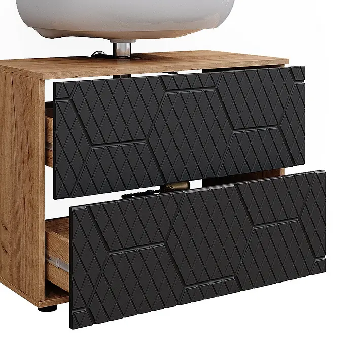 Vicco Badmöbel-Set Irma Anthrazit 3 Teile, mit Schubladenschrank und Midischrank - Gesamtbreite Badmöbel: 110 cm, Anthrazit mit Wabenstruktur, Matt - Holzwaschtischunterschrank mit zwei teilweise geöffneten, dunkelgrauen Schubladen mit geometrischem Rautenmuster.