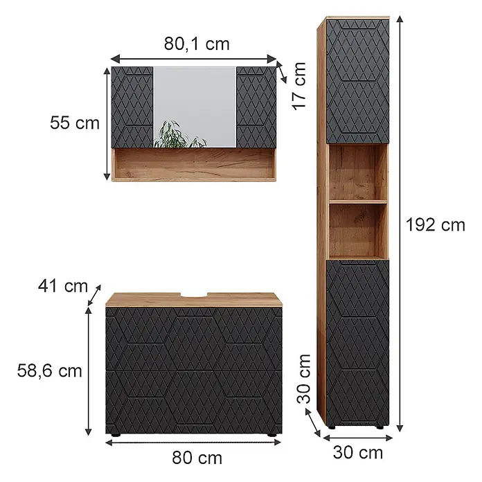Vicco Badmöbel-Set Irma Anthrazit mit Wabenstruktur 3 Teile, mit Spiegelschrank 80 cm - Gesamtbreite Badmöbel: 80 cm, Anthrazit mit Wabenstruktur, Matt - Badezimmermöbel-Set in Dunkelgrau und Holzoptik mit Spiegelschrank, Waschtischunterschrank und Hochschrank.
