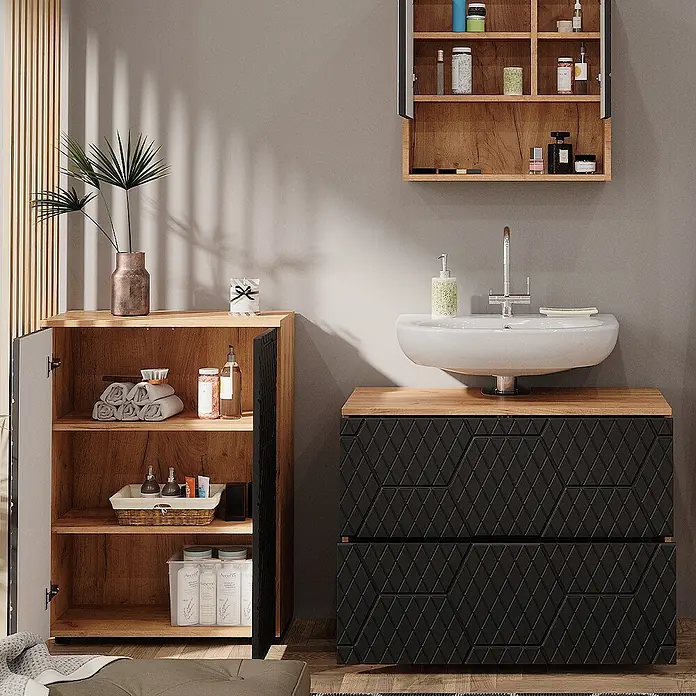 Vicco Badmöbel-Set Irma Anthrazit mit Wabenstruktur 3 Teile, mit Unterschrank 80 cm - Gesamtbreite Badmöbel: 140 cm, Anthrazit mit Wabenstruktur, Matt - Moderne Badezimmermöbel: schwarzer Waschtisch mit geometrischem Muster, Holzplatte & weißem Waschbecken. Mit hölzernen Wand- und Seitenschränken.