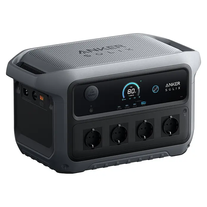 Anker Solix Powerstation C2000 Gen 2 - 2.048 Wh - Anker Solix tragbare Powerstation, dunkelgrau mit strukturierter Oberseite, Display, mehreren Steckdosen und USB-Anschlüssen.