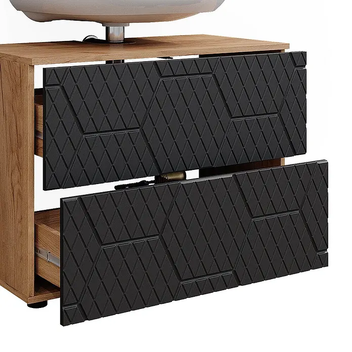 Vicco Badmöbel-Set Irma Anthrazit mit Wabenstruktur 3 Teile, mit Spiegelschrank 80 cm - Gesamtbreite Badmöbel: 80 cm, Anthrazit mit Wabenstruktur, Matt - Waschtischunterschrank aus Holz mit zwei teilweise geöffneten dunkelgrauen Schubladen mit Rautenmuster, unter einem Waschbecken.