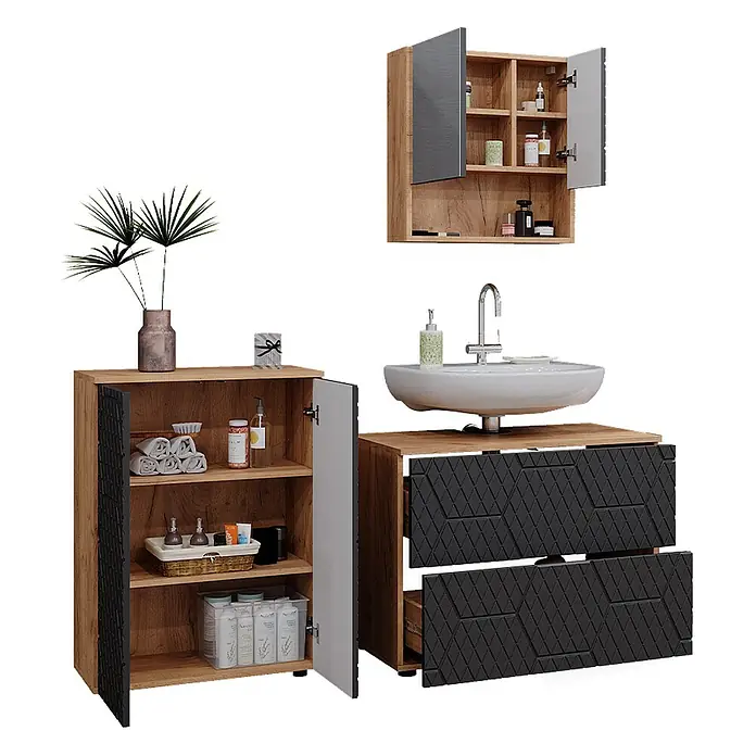 Vicco Badmöbel-Set Irma Anthrazit mit Wabenstruktur 3 Teile, mit Unterschrank 80 cm - Gesamtbreite Badmöbel: 140 cm, Anthrazit mit Wabenstruktur, Matt - Badezimmermöbel-Set in Eichenoptik mit dunkelgrauen strukturierten Fronten und Spiegelschrank. Beinhaltet Waschtischunterschrank und Hochschränke.