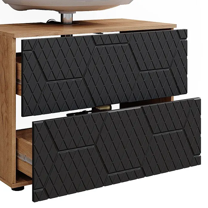 Vicco Badmöbel-Set Irma Anthrazit mit Wabenstruktur 3 Teile, mit Unterschrank 80 cm - Gesamtbreite Badmöbel: 140 cm, Anthrazit mit Wabenstruktur, Matt - Hölzerner Badunterschrank mit zwei teilweise geöffneten schwarzen Schubladen mit rautenförmiger Textur.
