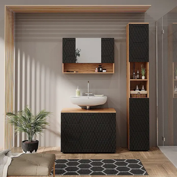 Vicco Badmöbel-Set Irma Anthrazit mit Wabenstruktur 3 Teile, mit Spiegelschrank 80 cm - Gesamtbreite Badmöbel: 80 cm, Anthrazit mit Wabenstruktur, Matt - Modernes Badezimmermöbel-Set in Schwarz und Holzoptik mit geometrischem Muster, bestehend aus Waschtischunterschrank, Spiegelschrank und Hochschrank.