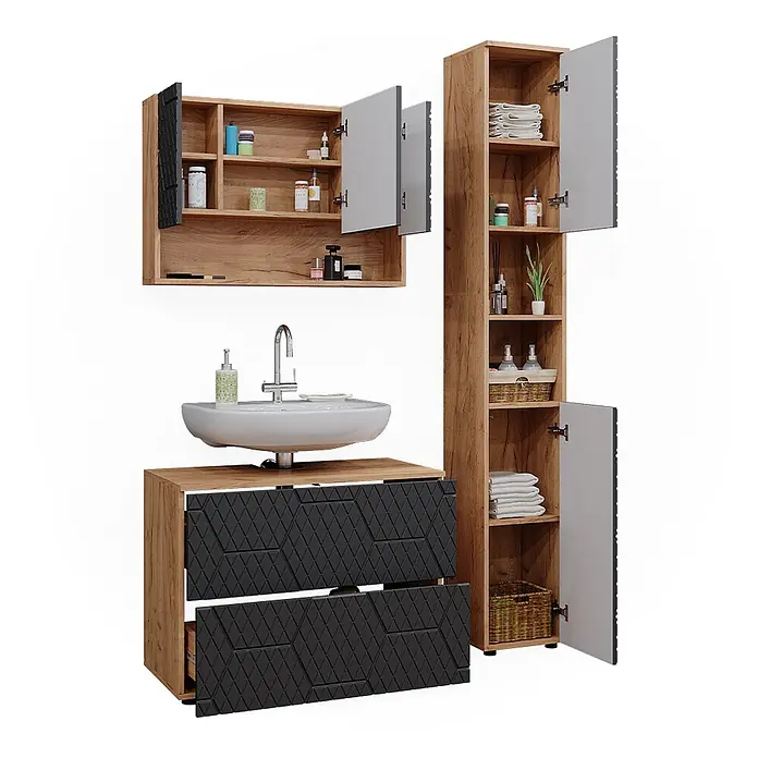 Vicco Badmöbel-Set Irma Anthrazit mit Wabenstruktur 3 Teile, mit Spiegelschrank 80 cm - Gesamtbreite Badmöbel: 80 cm, Anthrazit mit Wabenstruktur, Matt - Modernes Badezimmermöbel-Set in Holzoptik mit dunkelgrauen, strukturierten Fronten, bestehend aus Waschtisch mit Waschbecken, Spiegelschrank und Hochschrank.