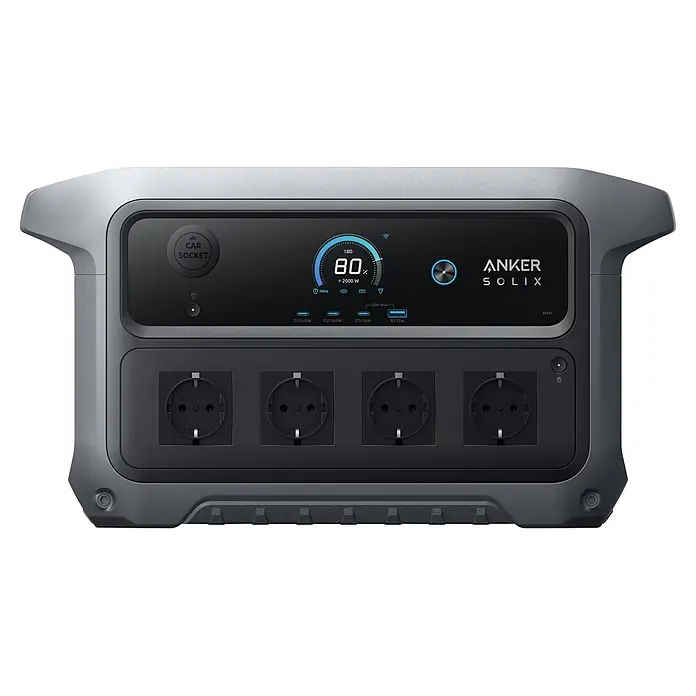 Anker Solix Powerstation C2000 Gen 2 - 2.048 Wh - Graue und schwarze Anker Solix Powerstation mit Digitalanzeige (80% Ladung), mehreren AC- und USB-Anschlüssen.