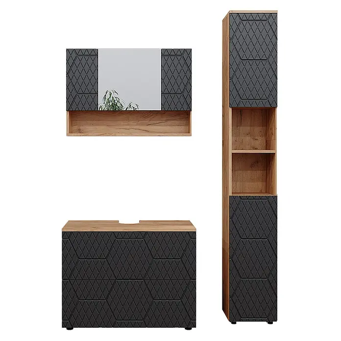 Vicco Badmöbel-Set Irma Anthrazit mit Wabenstruktur 3 Teile, mit Spiegelschrank 80 cm - Gesamtbreite Badmöbel: 80 cm, Anthrazit mit Wabenstruktur, Matt - Badezimmermöbel-Set: dunkelgraue Fronten mit geometrischem Muster, Akzente aus Naturholz. Enthält Spiegelschrank, Hochschrank und Waschtischunterschrank.
