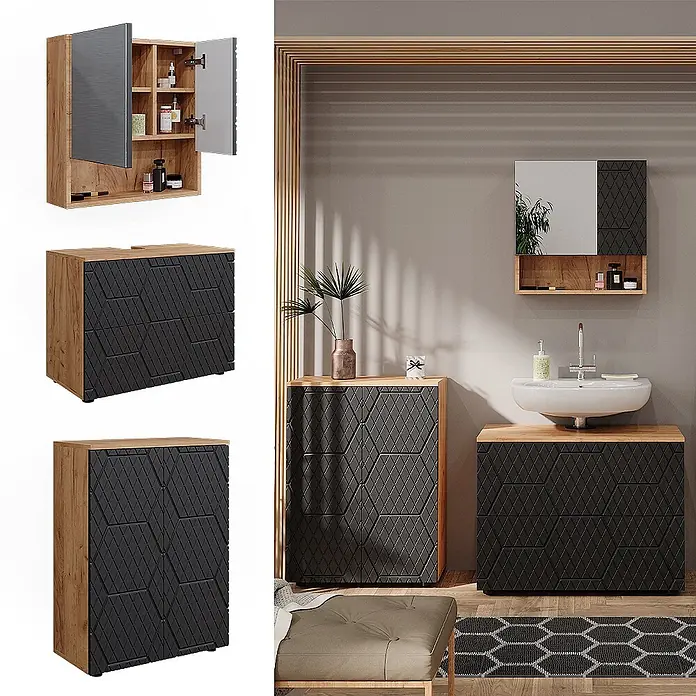 Vicco Badmöbel-Set Irma Anthrazit mit Wabenstruktur 3 Teile, mit Unterschrank 80 cm - Gesamtbreite Badmöbel: 140 cm, Anthrazit mit Wabenstruktur, Matt - Badezimmermöbel-Set: Holz-Optik-Schränke mit schwarzen geometrisch gemusterten Fronten. Beinhaltet Spiegelschrank, Waschtischunterschrank und Hochschrank.