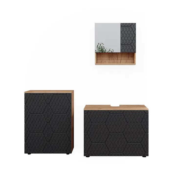 Vicco Badmöbel-Set Irma Anthrazit mit Wabenstruktur 3 Teile, mit Unterschrank 80 cm - Gesamtbreite Badmöbel: 140 cm, Anthrazit mit Wabenstruktur, Matt - Set moderner Badmöbel: schwarze strukturierte Schränke mit Holzplatten und passender Wandspiegel mit Ablage.