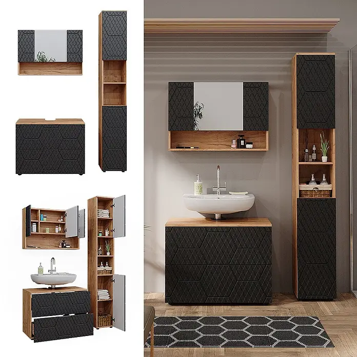 Vicco Badmöbel-Set Irma Anthrazit mit Wabenstruktur 3 Teile, mit Spiegelschrank 80 cm - Gesamtbreite Badmöbel: 80 cm, Anthrazit mit Wabenstruktur, Matt - Modernes Badmöbelset: schwarze geometrisch strukturierte Fronten, helle Holzakzente, Waschtisch mit Waschbecken, Spiegelschrank, Hochschrank.
