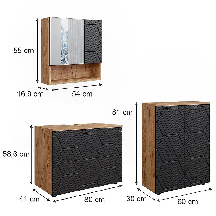 Vicco Badmöbel-Set Irma Anthrazit mit Wabenstruktur 3 Teile, mit Unterschrank 80 cm - Gesamtbreite Badmöbel: 140 cm, Anthrazit mit Wabenstruktur, Matt - Modulare Badmöbel-Set: Holz-Optik-Schränke mit schwarzen strukturierten Fronten, bestehend aus Wand-, Unter- und Hochschrank.