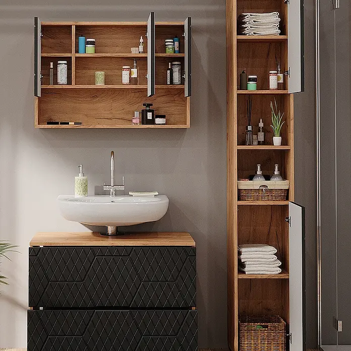 Vicco Badmöbel-Set Irma Anthrazit mit Wabenstruktur 3 Teile, mit Spiegelschrank 80 cm - Gesamtbreite Badmöbel: 80 cm, Anthrazit mit Wabenstruktur, Matt - Modernes Badezimmermöbel-Set mit Wandschrank aus Holz, schwarzem strukturiertem Waschtisch mit weißem Waschbecken und hohem Holzschrank.