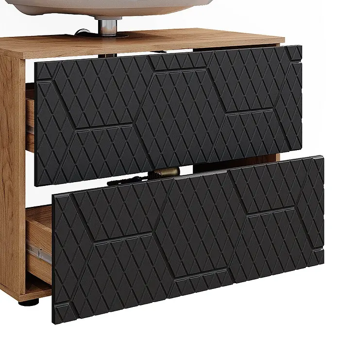 Vicco Badmöbel-Set Irma Anthrazit 4 Teile, mit Schubladenschrank und Midischrank - Gesamtbreite Badmöbel: 110 cm, Anthrazit mit Wabenstruktur, Matt - Waschtischunterschrank aus hellem Holz mit zwei teilweise geöffneten Schubladen. Die Schubladenfronten sind schwarz mit geometrischem Rautenmuster.
