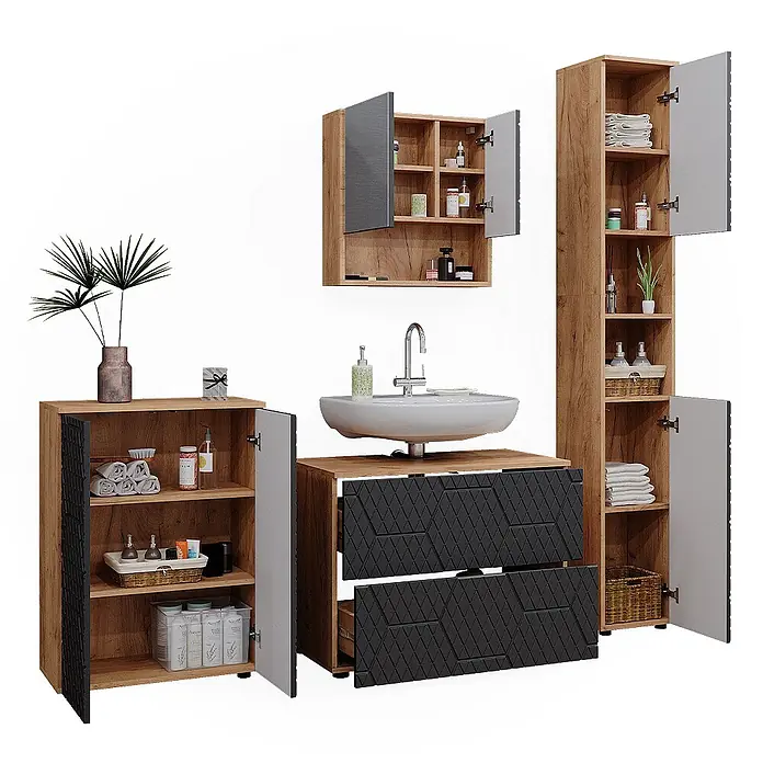 Vicco Badmöbel-Set Irma Anthrazit 4 Teile, mit Schubladenschrank und Midischrank - Gesamtbreite Badmöbel: 110 cm, Anthrazit mit Wabenstruktur, Matt - Modernes Badmöbelset in Holzoptik. Enthält Waschtischunterschrank mit strukturierten schwarzen Schubladen, Hochschrank, Seitenschrank und Wandschrank.