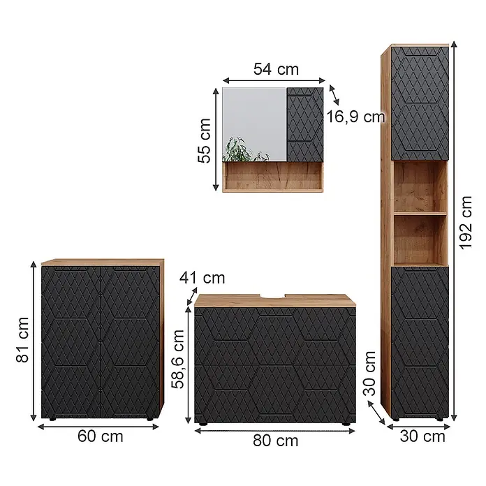 Vicco Badmöbel-Set Irma Anthrazit 4 Teile, mit Schubladenschrank und Midischrank - Gesamtbreite Badmöbel: 110 cm, Anthrazit mit Wabenstruktur, Matt - Modernes Möbelset in Holzoptik und schwarz texturiertem Design, bestehend aus Schränken, einem Waschtischunterschrank und einem Spiegel mit Maßen.