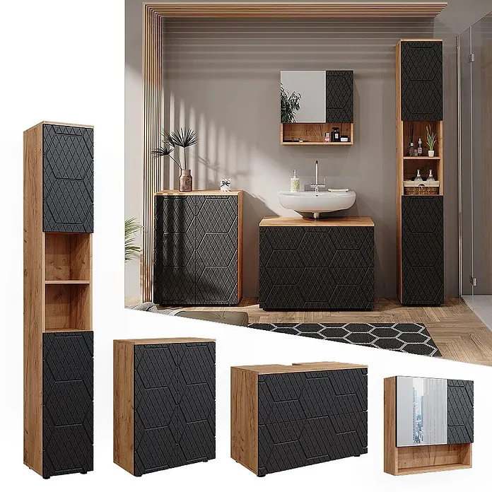Vicco Badmöbel-Set Irma Anthrazit 4 Teile, mit Schubladenschrank und Midischrank - Gesamtbreite Badmöbel: 110 cm, Anthrazit mit Wabenstruktur, Matt - Modernes Badmöbel-Set: Eichenholz-Optik Rahmen, schwarze geometrisch gemusterte Fronten. Waschtisch, Hochschrank, Spiegelschrank enthalten.