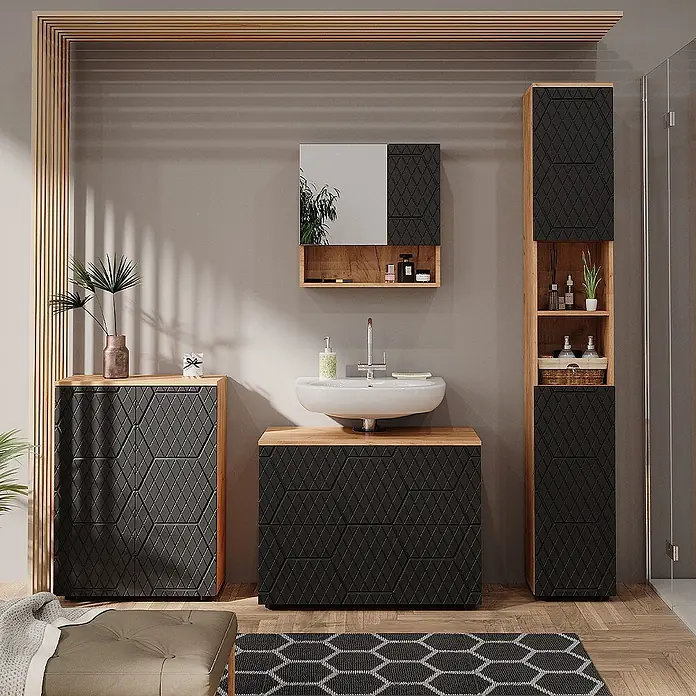 Vicco Badmöbel-Set Irma Anthrazit 4 Teile, mit Schubladenschrank und Midischrank - Gesamtbreite Badmöbel: 110 cm, Anthrazit mit Wabenstruktur, Matt - Modernes Badmöbel-Set mit dunkelgrauen, geometrisch gemusterten Fronten und hellen Holzrahmen, inklusive Waschtisch und Hochschrank.