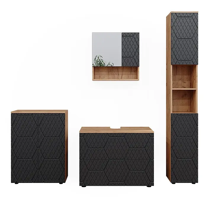 Vicco Badmöbel-Set Irma Anthrazit 4 Teile, mit Schubladenschrank und Midischrank - Gesamtbreite Badmöbel: 110 cm, Anthrazit mit Wabenstruktur, Matt - Modernes Badmöbelset aus hellem Holz mit dunkelgrauen Fronten und Rautenmuster, inkl. Waschtisch, Hochschrank, Spiegelschrank.