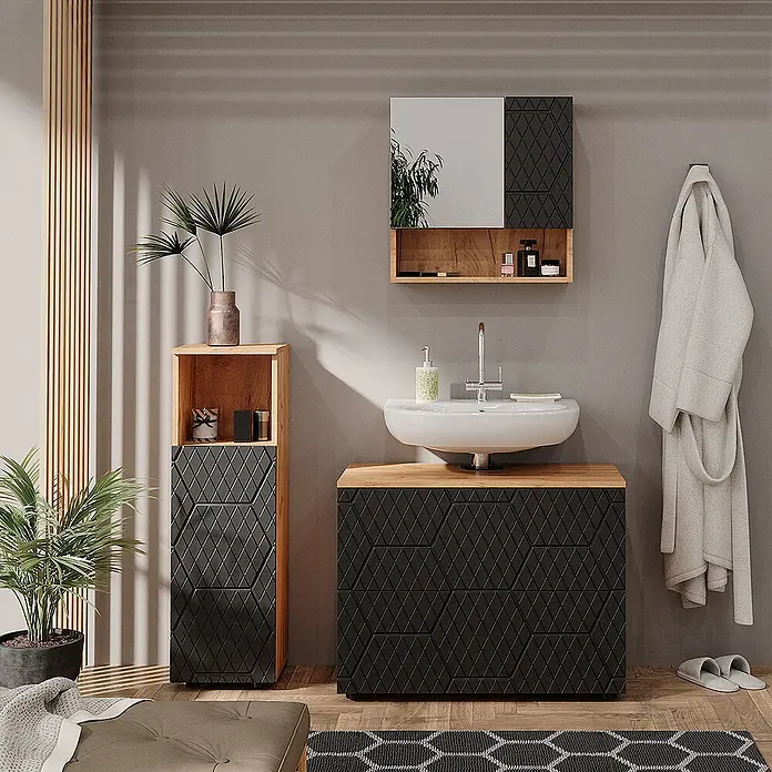 Vicco Badmöbel-Set Irma, Anthrazit mit Wabenstruktur 80 cm -  - Schwarzer Badezimmerschrank mit Rautenmuster, Holzplatte und Waschbecken, dazu passender Hochschrank und Spiegel.