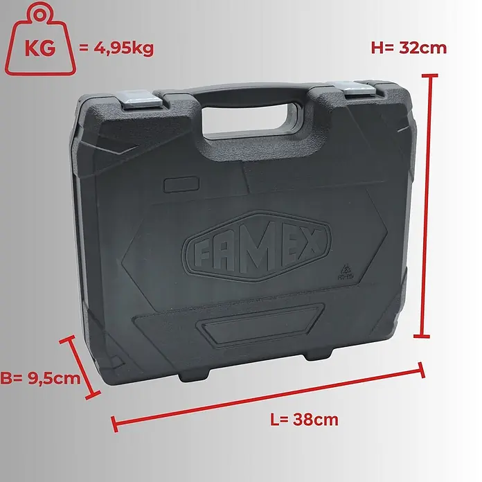 Famex Werkzeugkoffer - L x B x H: 41 x 31,5 x 9,5 cm, 86 -tlg. - Robuster schwarzer Kunststoff-Werkzeugkoffer von FAMEX mit Griff und Verschlüssen, zur Werkzeugaufbewahrung.