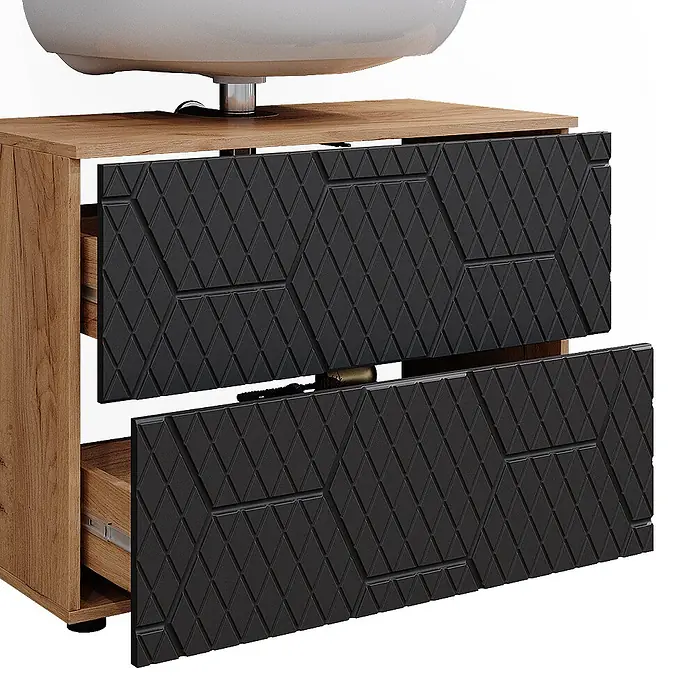 Vicco Badmöbel-Set Irma, Anthrazit mit Wabenstruktur 80 cm -  - Holz-Badezimmerschrank mit zwei dunkelgrauen, rautenförmig strukturierten, leicht geöffneten Schubladen unter einem weißen Waschbecken.